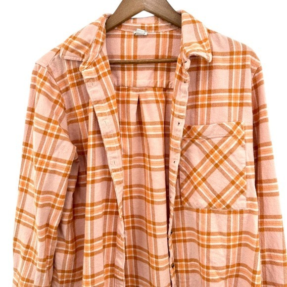 Aerie Womens‎ Plaid Flannel Shirt Shacket Button Up Long Sleeve Peach Orange - Picture 2 of 6